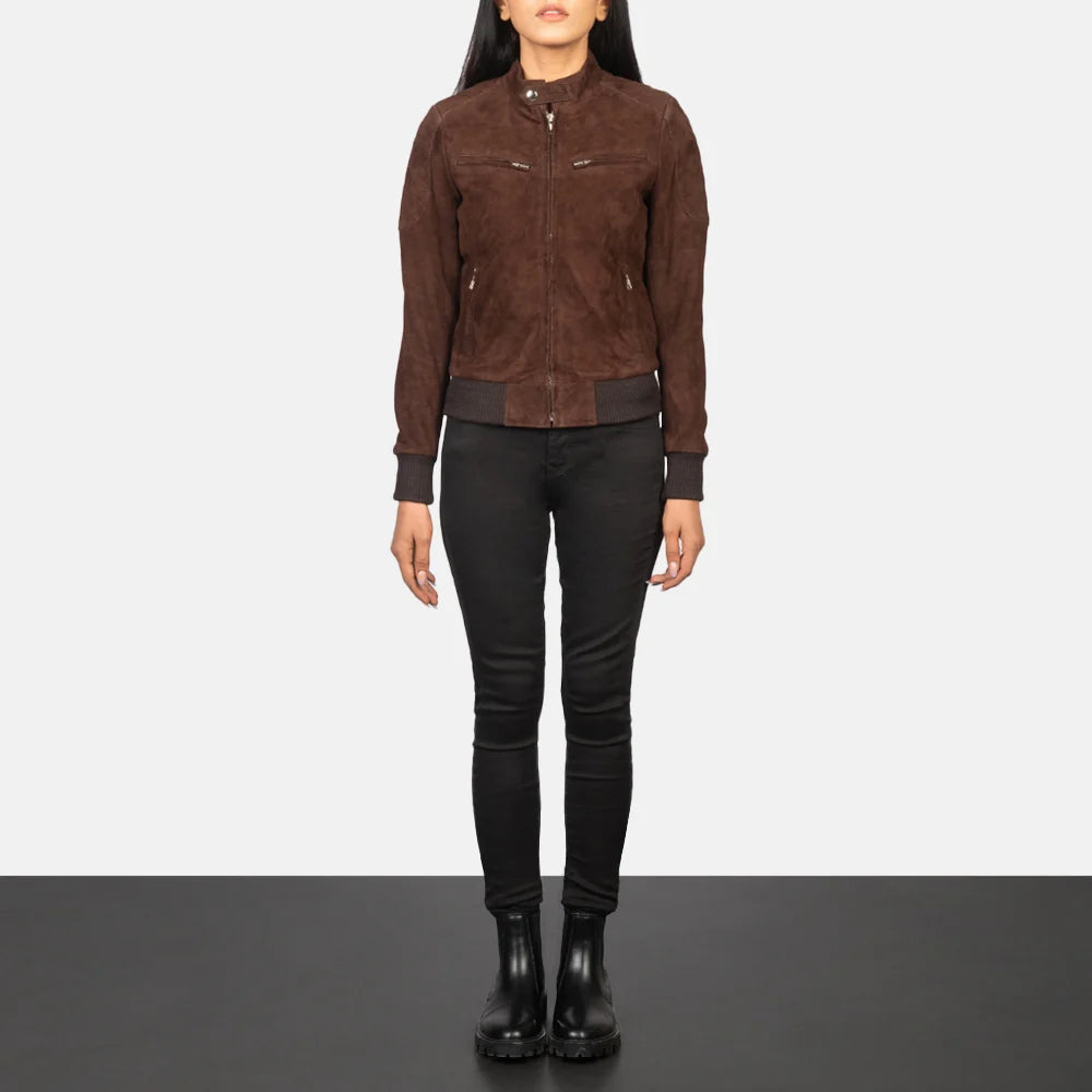 Zenna Women’s Suede Leather Bomber Jacket with Stand Collar