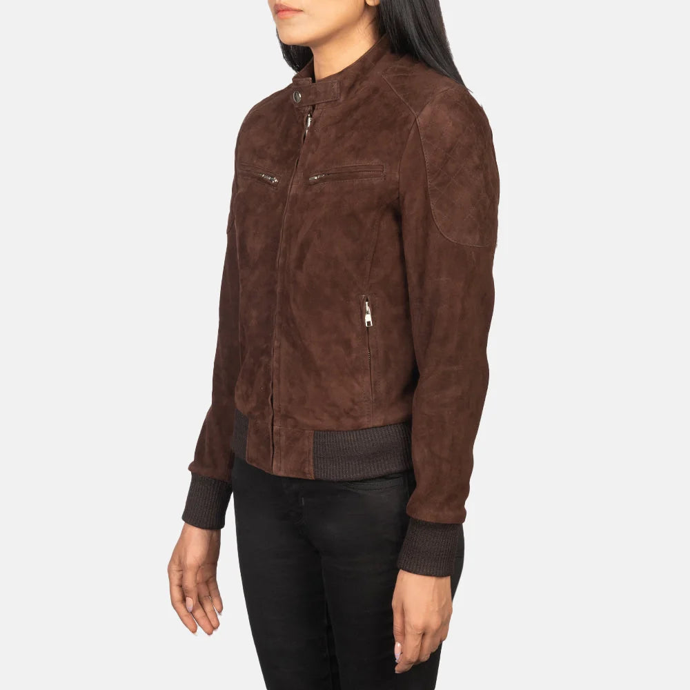 Zenna Women’s Suede Leather Bomber Jacket with Stand Collar