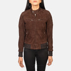 Zenna Women’s Suede Leather Bomber Jacket with Stand Collar