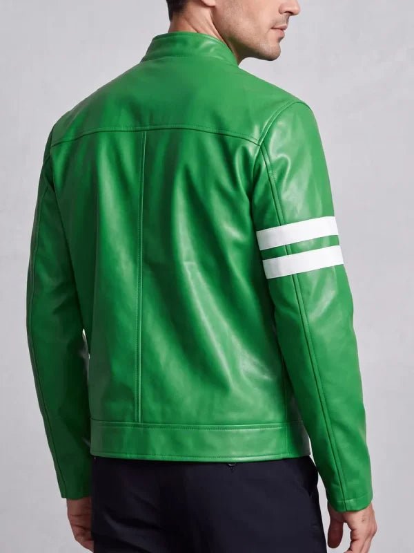 Men’s green racer leather jacket with white sleeve stripes, stand collar and straight hem