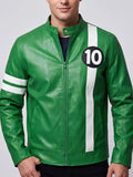 Men’s green racer leather jacket with white chest stripe, round number patch, stand collar and front zipper