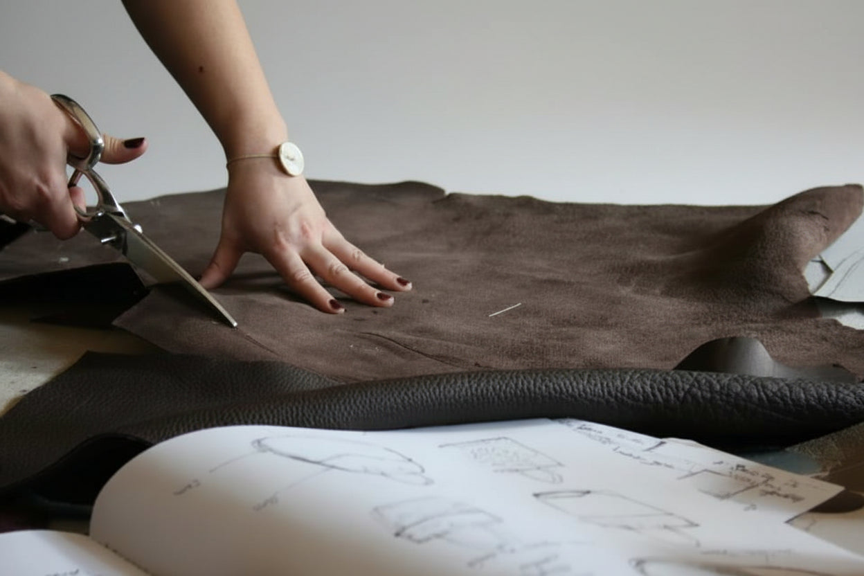 Person cutting brown leather with scissors on a workbench with tools and patterns.