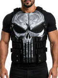 Men’s black leather tactical vest with hand-painted skull graphic, adjustable buckle straps and sleeveless fit