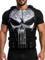 Men’s black leather tactical vest with hand-painted skull graphic, adjustable buckle straps and sleeveless fit