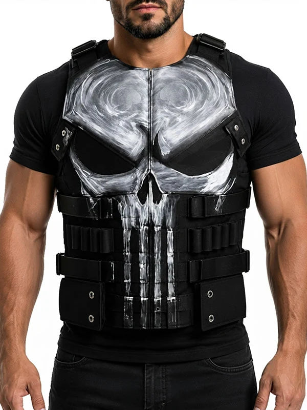 Men’s black leather tactical vest with hand-painted skull graphic, adjustable buckle straps and sleeveless fit