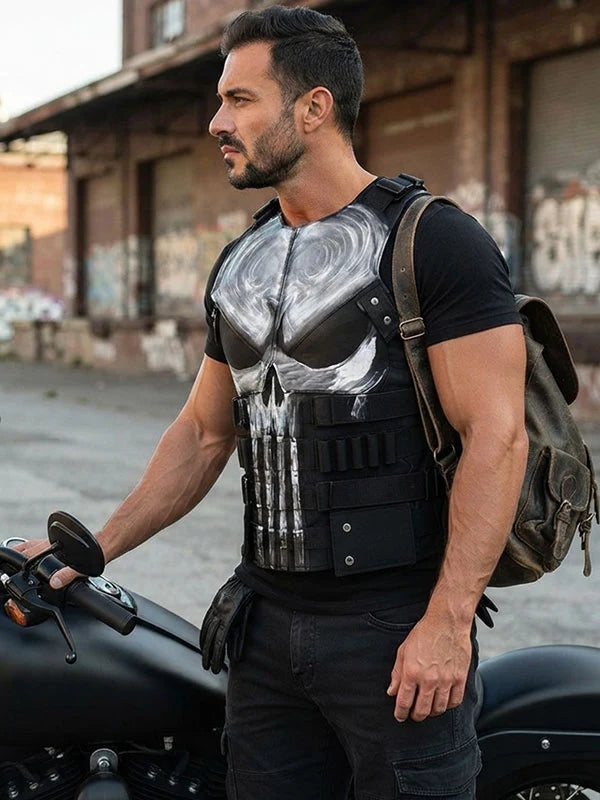 Men’s Black Leather Tactical Vest with Hand-Painted Skull Graphic