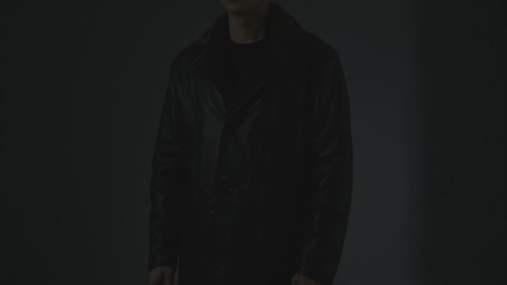 Cai Men's Long Black Leather Shearling Coat with Fur Lined Collar