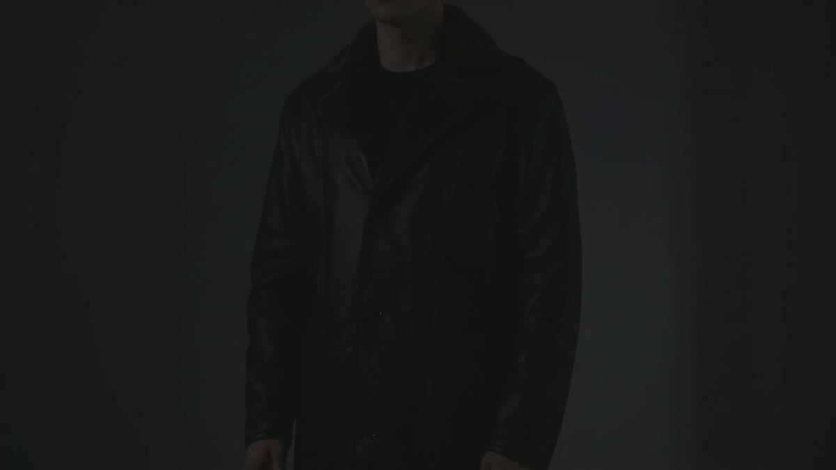 Cai Men's Long Black Leather Shearling Coat with Fur Lined Collar