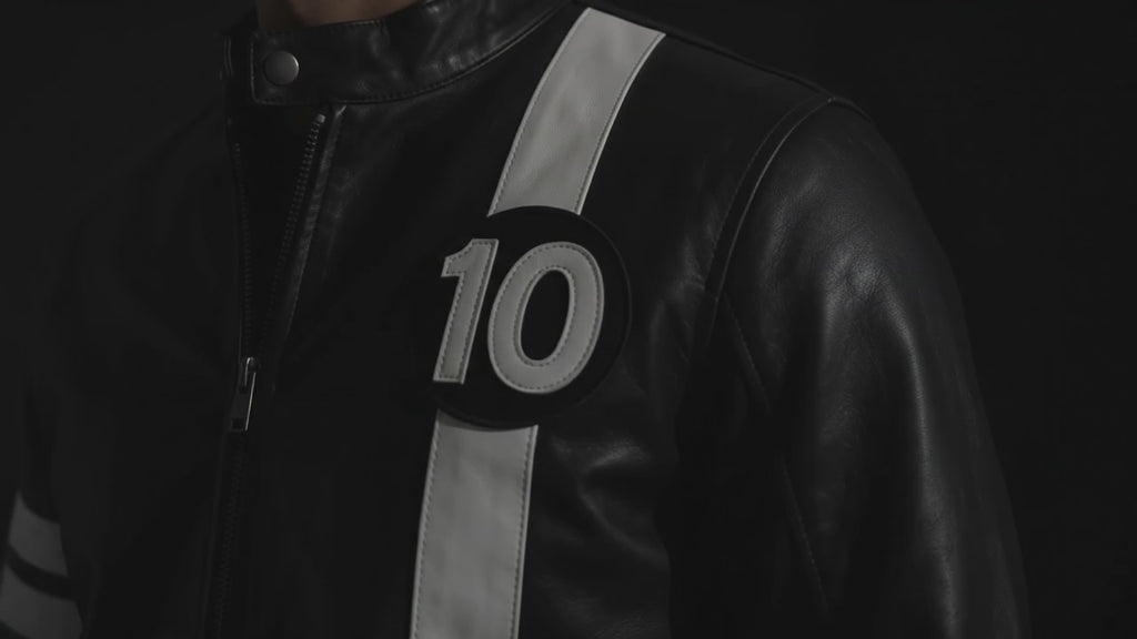 Men’s Racer Style Leather Jacket with White Chest Stripe and Round Number Patch
