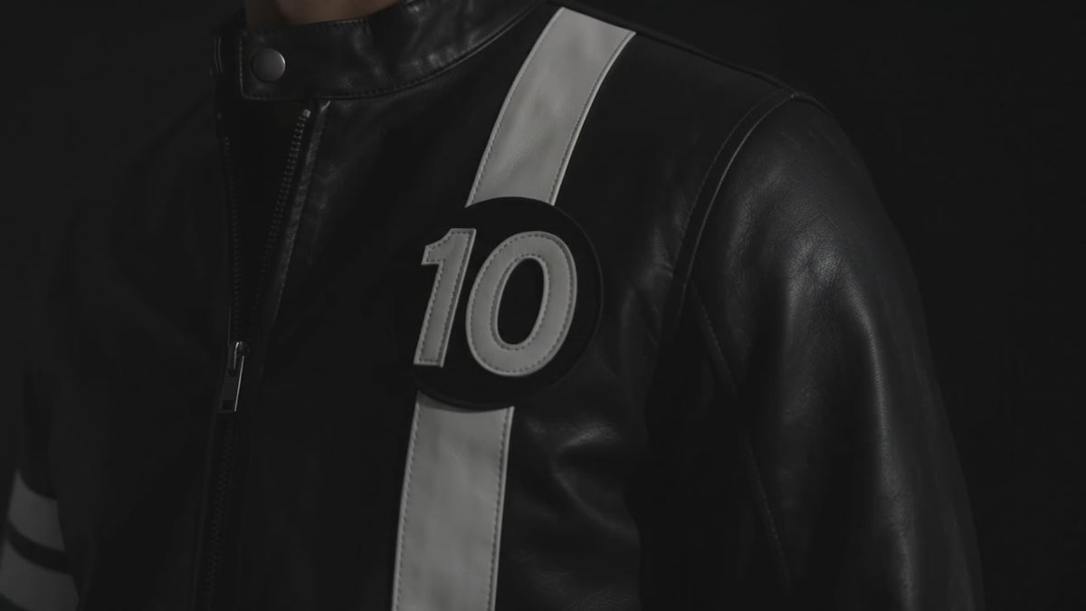 Men’s Racer Style Leather Jacket with White Chest Stripe and Round Number Patch