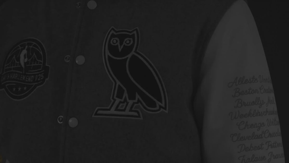 Men’s Grey Wool Varsity Jacket with White Leather Sleeves and Embroidered Patches