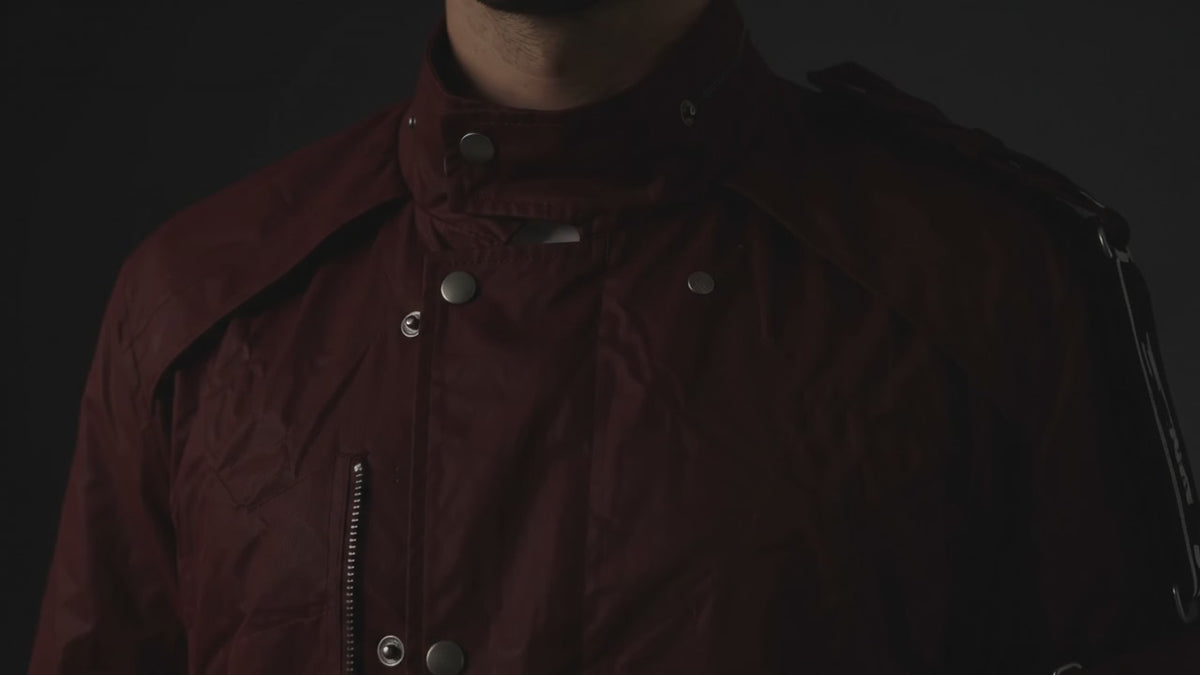 Men’s Burgundy Long Coat with Black Panels, Shoulder Strap and Snap Collar