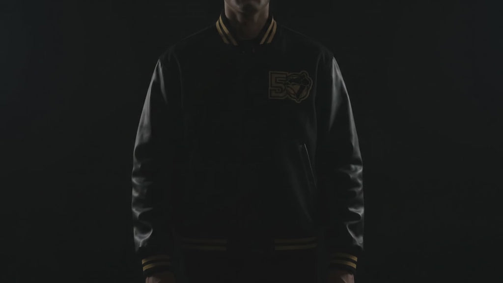 Men’s Black Wool Blend Varsity Jacket with Genuine Leather Sleeves