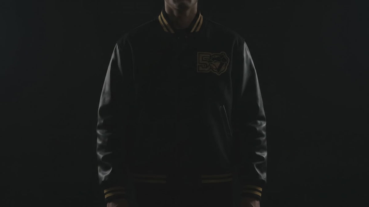 Men’s Black Wool Blend Varsity Jacket with Genuine Leather Sleeves