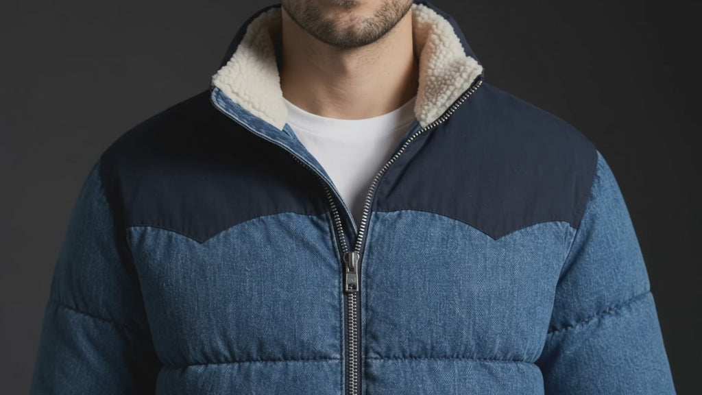 Men’s Denim Puffer Jacket with Sherpa Lined Collar and Contrast Yoke