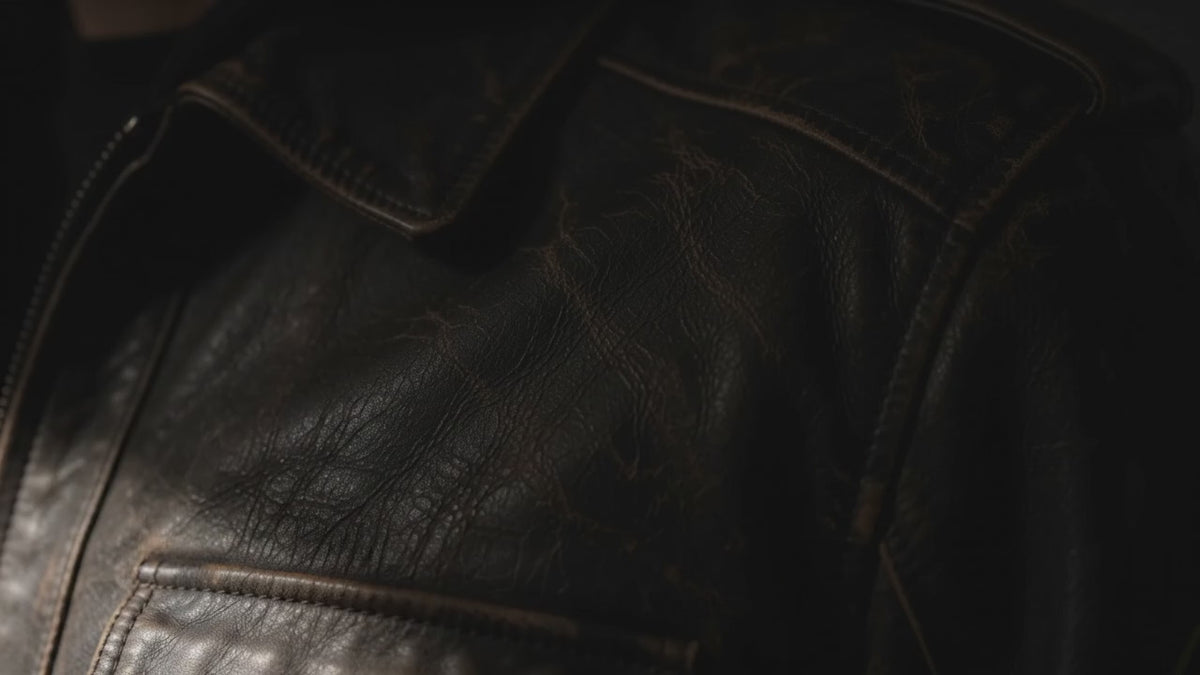 Men’s Distressed Brown Leather Field Jacket with Detachable-Style Hood and Cargo Pockets