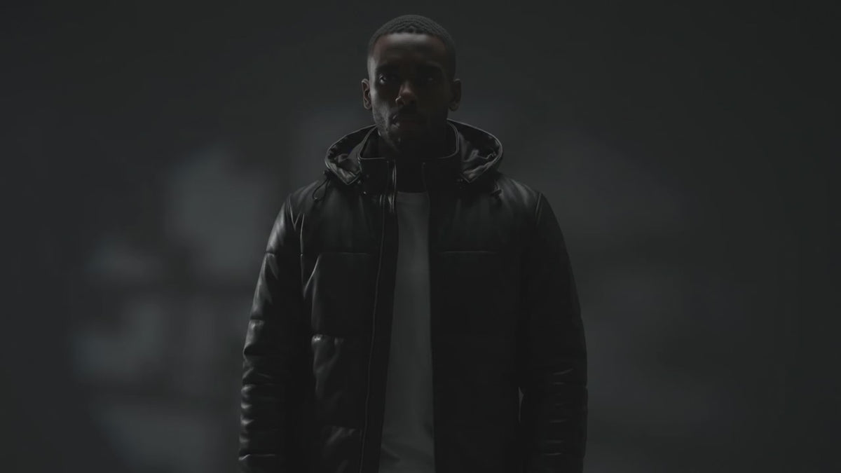 Gordon Men’s Hooded Leather Puffer Jacket with Detachable Hood