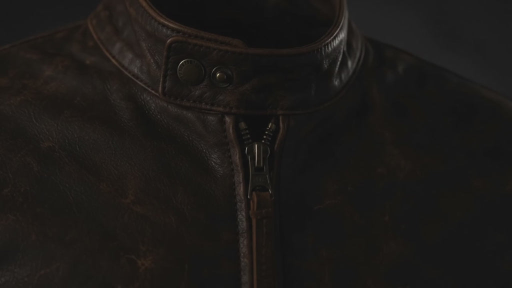 Men’s Distressed Brown Real Leather Biker Jacket with Tan Sleeve Stripes