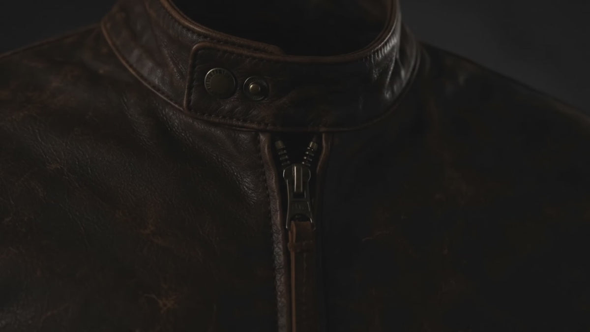 Men’s Distressed Brown Real Leather Biker Jacket with Tan Sleeve Stripes