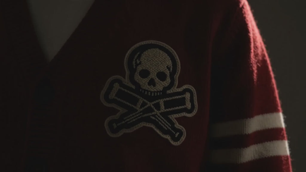 Men’s Red Knit Cardigan, Varsity Skull Patch Button