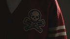 Men’s Red Knit Cardigan, Varsity Skull Patch Button