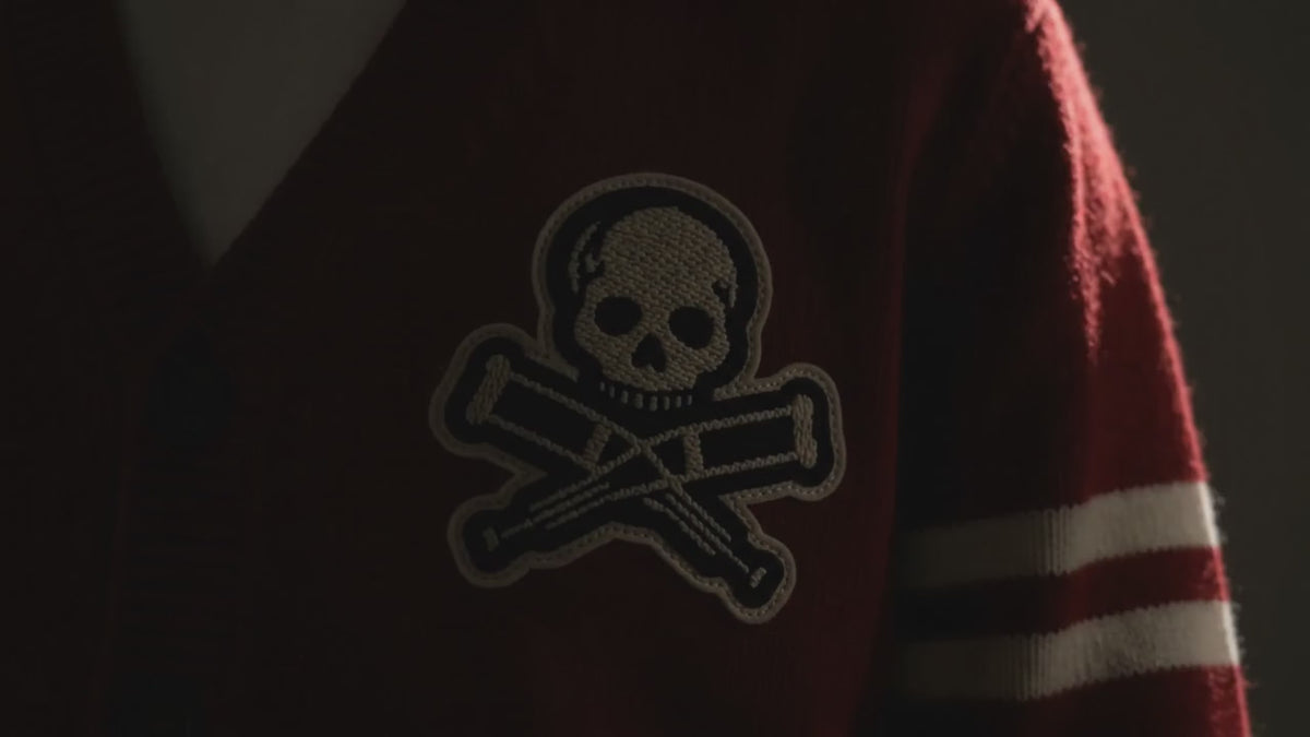 Men’s Red Knit Cardigan, Varsity Skull Patch Button