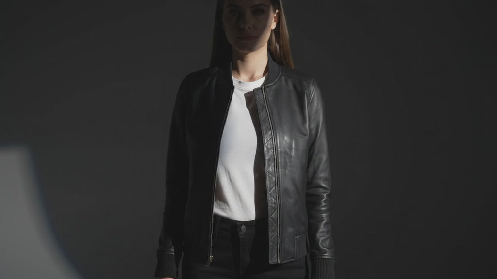 Bliss Women’s Leather Bomber Jacket with Rib Knit Collar