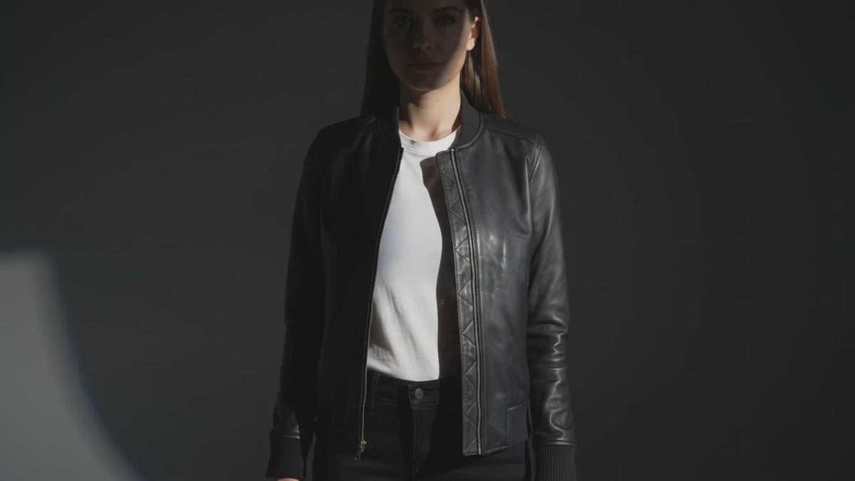 Bliss Women’s Leather Bomber Jacket with Rib Knit Collar