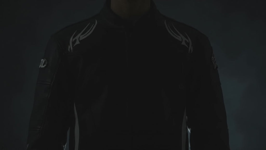 Men’s Black Genuine Leather Biker Jacket with White Tribal Flame Graphics