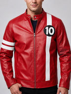 Men’s red racer leather jacket with white chest stripe, round number patch, stand collar and front zipper