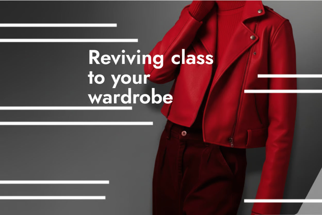 Red leather jacket and pants on a gray background with text 'Reviving class to your wardrobe'.