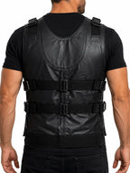 Men’s black leather tactical vest with adjustable buckle straps and sleeveless fit