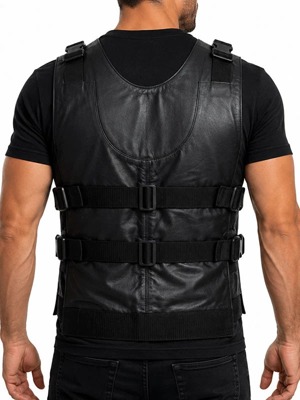Men’s black leather tactical vest with adjustable buckle straps and sleeveless fit