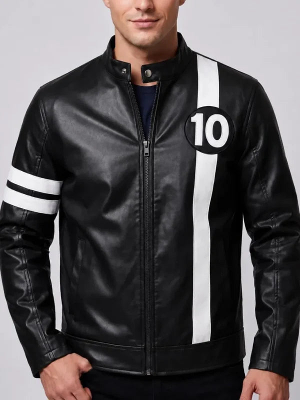 Men’s black racer leather jacket with white chest stripe, round number patch, stand collar and front zipper