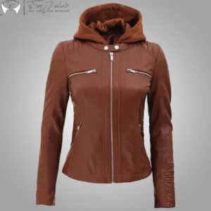 Women's Cafe Racer Detachable Leather Hooded Jacket